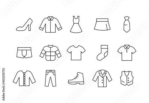 Thin line clothing icon set. Editable clothing stroke icons. T-shirt, pants, jacket, dress, shorts, shoes, shirt symbols. Vector illustration.