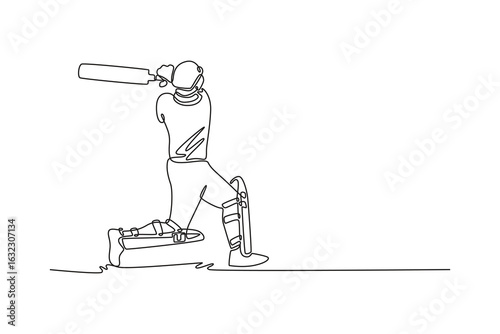 Continuous one line drawing a cricketer practice batting in green field. Male cricket athlete with protective gear and helmet in action on stadium. Single line draw design vector graphic illustration