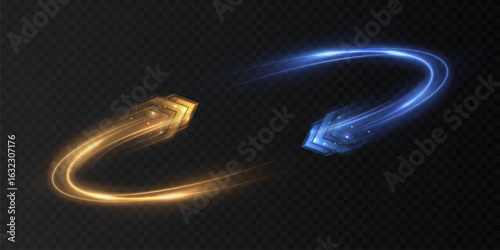 A vibrant circular swirl of glowing blue and gold arrows with dynamic light trails on a dark background. Futuristic swirl design that embodies speed and energy, for interfaces and motion effects.