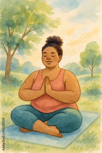Peaceful woman meditating outdoors on yoga mat surrounded by nature in a calming watercolor illustration