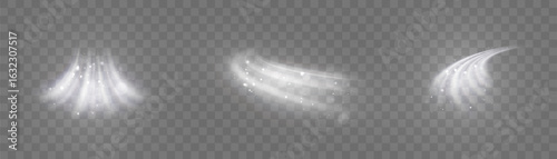 White translucent wind streams with light sparkles and soft motion blur. Visual effect of winter swirl, cold wind gust or airflow from air conditioner on transparent background.