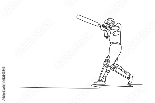 Continuous one line drawing active male cricket player wearing protective gear and hitting the ball with bat on the field. Healthy fitness workout. Single line draw design vector graphic illustration