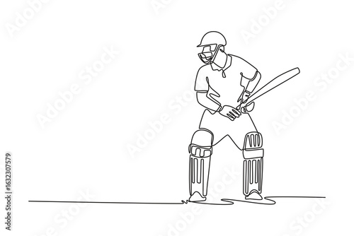 Continuous one line drawing male cricketer with protective gear and helmet on the field in batting position. Batsman in action, professional match. Single line draw design vector graphic illustration