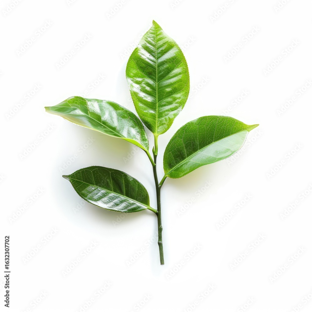 Fototapeta premium Fresh green leaves on a stem against white background