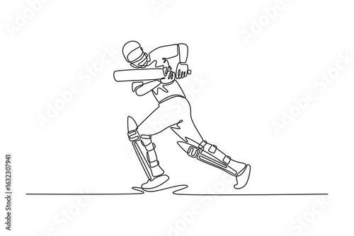 Single continuous line drawing cricket batsman in action on professional cricket stadium. Healthy fitness workout or focused player playing a fun game. One line draw graphic design vector illustration