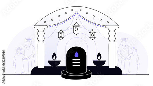Hindu Wedding Ceremony Illustration, Shiva Lingam, Mandap, Couple