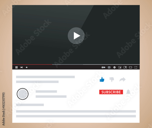 Video player template for web or mobile apps. Vector illustration. mockup