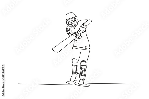 Single continuous line drawing front view cricketer batswoman hitting reverse sweep during match on pitch. Professional sport and exercise for fitness. One line draw graphic design vector illustration