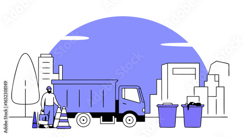 Flat Vector Illustration, City Sanitation Worker with Truck and Bins