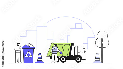 Line Art Illustration of Waste Collection, City Sanitation Workers and Truck