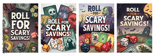 Set of four posters featuring spooky-themed savings with dice and ghostly graphics