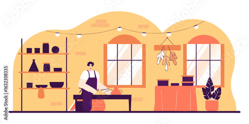 Pottery Workshop Illustration, Flat Style Artisan Crafting Ceramics in Cozy Studio