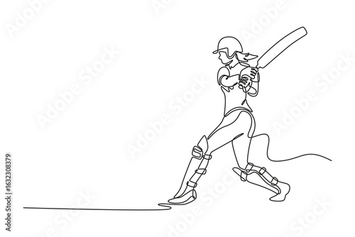 Single continuous line drawing woman cricket athlete with sports bat hitting the ball for professional match, competition. Female with gear and helmet. One line draw graphic design vector illustration