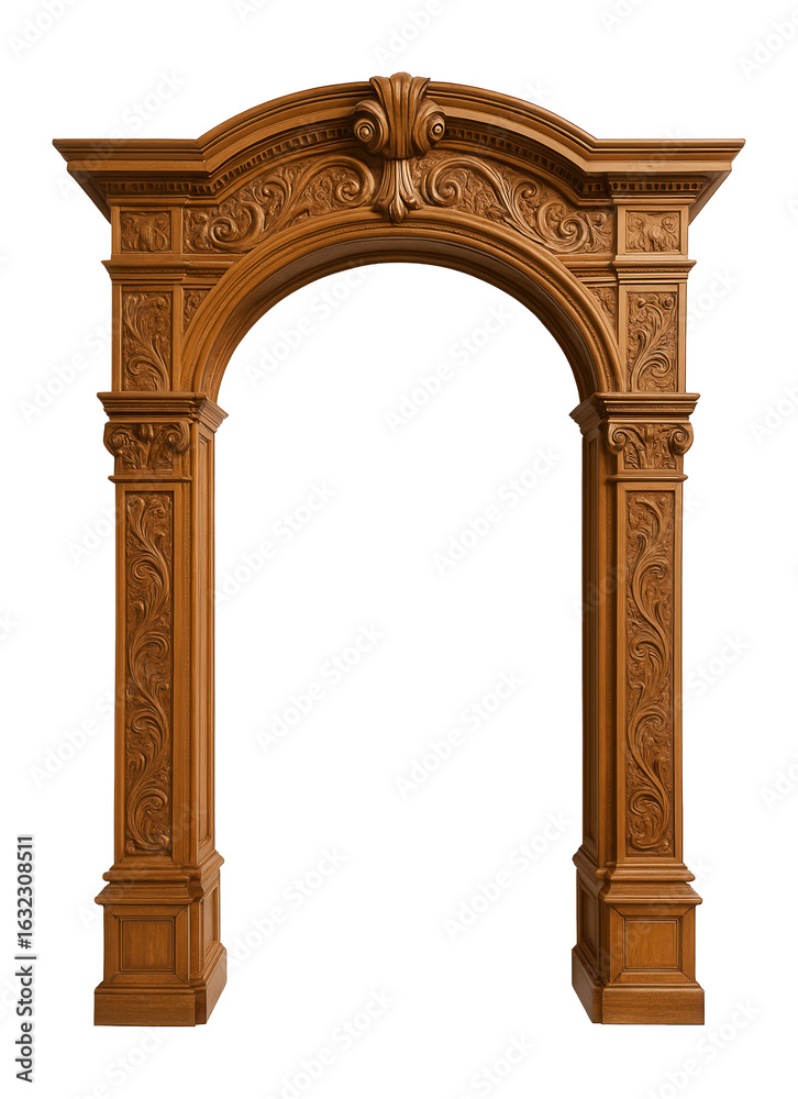 Fototapeta premium Ornate carved wooden archway featuring intricate floral and scroll designs on transparent background.