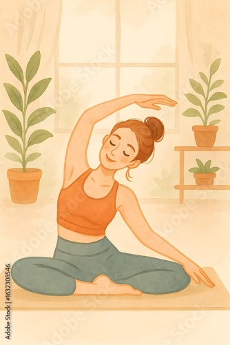 Woman practicing yoga and stretching indoors on mat surrounded by plants in cozy home wellness illustration