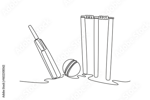 Single continuous line drawing cricket bat, stumps, bails, and ball isolated on white background. Wooden cricket gear or equipment for match. Dynamic one line draw graphic design vector illustration