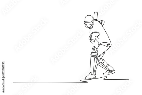 Single one line drawing front view of man cricketer hitting the ball with bat for match or competition. Fitness training, performance or game. Continuous line draw design graphic vector illustration
