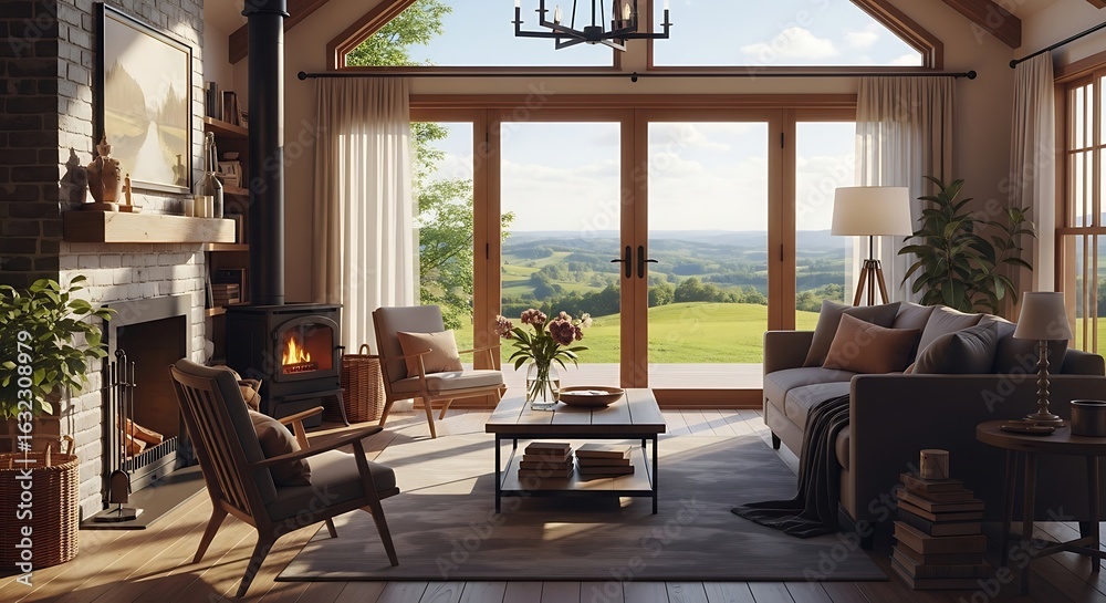 Fototapeta premium Cozy Living Room with Fireplace and Scenic Countryside View