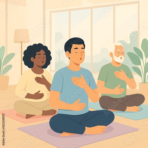 Group of people practicing meditation and breathing exercises indoors for mindfulness and relaxation in cozy setting illustration