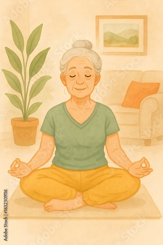 Senior woman meditating indoors on yoga mat practicing mindfulness and relaxation in cozy home wellness illustration