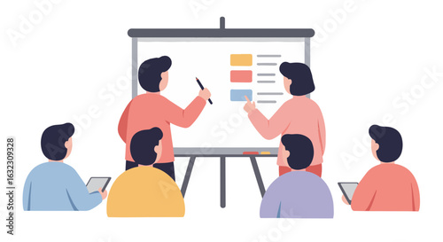 Diverse team of adults collaborating in meeting with presentation on whiteboard