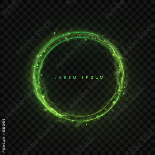 Bright green glowing ring with energy sparks and smooth lines on a transparent background. Suitable for portal animation, magic circles or futuristic interface design.