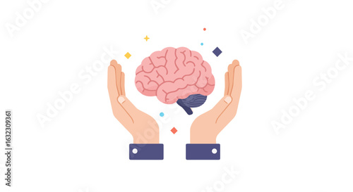 Hands supporting brain care concept with geometric shapes