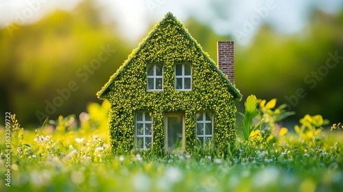 Fototapeta Naklejka Na Ścianę i Meble -  Small House Covered with Yellow Flowers in a Green Meadow on a Sunny Day