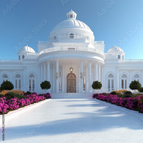 Grand White Mansion with Classical Architecture and Lush Gardens