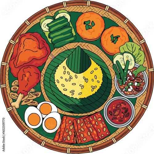 06082025-Nasi Tumpeng: A Traditional Celebration Dish
This illustration showcases a yellow nasi tumpeng dish served on a bamboo winnowing tray (tampah), lined with banana leaves.