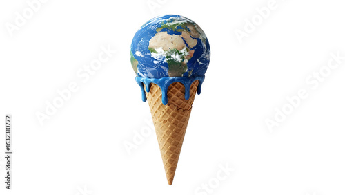 Fototapeta Naklejka Na Ścianę i Meble -  Global warming concept earth planet melting like ice cream cone climate change environment disaster illustration on transparent background