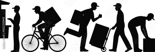 Silhouette of delivery process stages, courier on bicycle, running with package, pushing trolley, lifting box, vector illustration