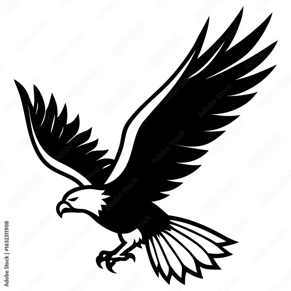 Fototapeta premium Majestic flying eagle bird vector illustration in a bold black and white graphic style.