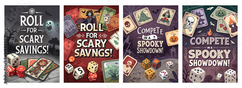 Set of four posters featuring Halloween-themed game graphics with dice and cards