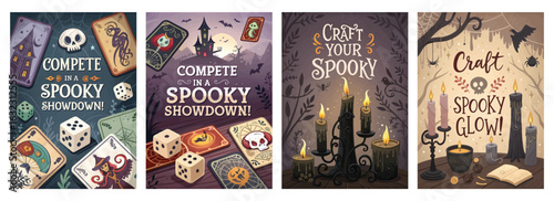 Set of four Halloween posters featuring board game elements with dice cards and spooky decorations