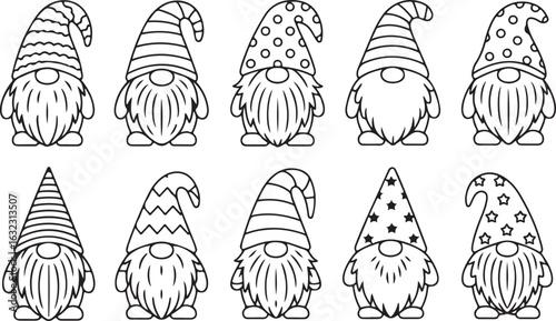 Black and White Gnomes Vector Illustration Whimsical Characters for Coloring Books and Holiday Projects Adorable Dwarf Line Art