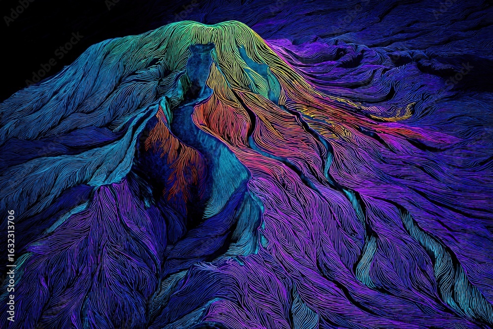 Fototapeta premium Vibrant flow of colors depicting a surreal landscape at dusk, resembling flowing water and vivid textures