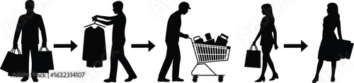 Silhouettes of people shopping, buying clothes, pushing cart, carrying bags, retail customers, store visit, shopping process, commerce concept