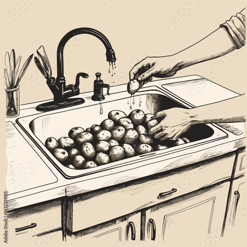 Hands washing potatoes in a kitchen sink full of water, domestic cooking scene