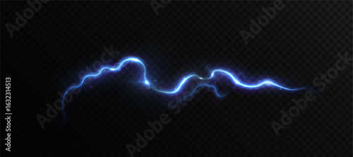 Glowing blue lightning with sparks and energy flow on dark background. Vector electric lightning effect.