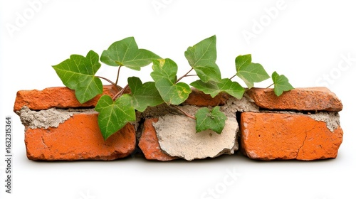 Green Vine Growing on Weathered Red Brick Wall Against White Background