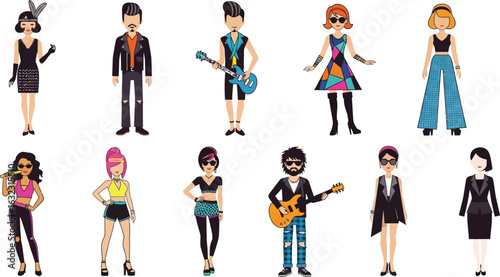Illustration of people in various styles including flapper rocker and business attire on white background