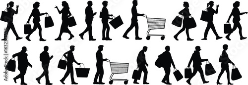 Silhouettes of people walking, shopping, carrying bags, pushing carts, retail customers, shoppers, men, women, street market, commerce concept
