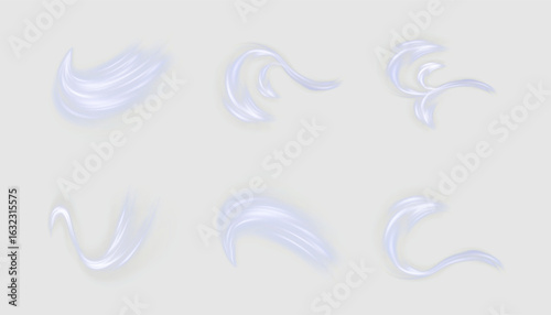 Set of white swirling air swirls on light background. Winter swirls of snowstorm, storm, air conditioning and ventilation elements.