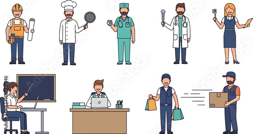Illustrated diverse professions including construction worker, chef, doctor, teacher, and delivery