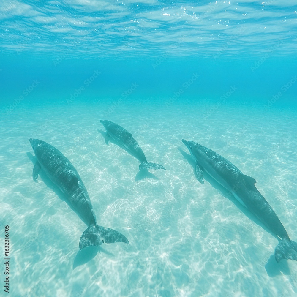 Fototapeta premium Three dolphins swimming in clear, shallow water