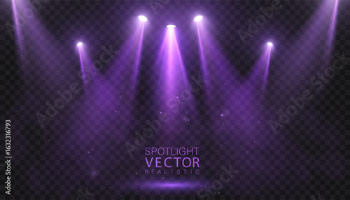 Realistic purple stage spotlights with glowing beams and light particles on dark transparent background. Concert lighting design