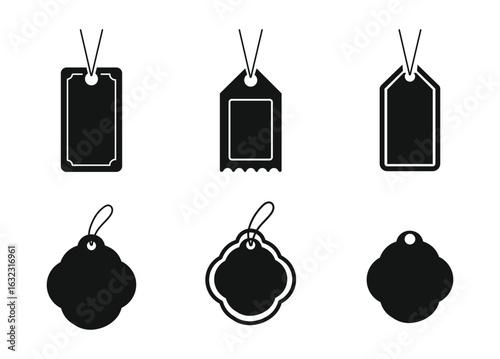 Price tag and label badge set, vector silhouette icons for retail, sales, and shopping discounts