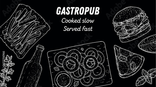 Gastropub menu. Pub food and beer. Hand drawn vector illustration. Food and drink sketch. Top view. Hand drawn food collection for gastropub or pub menu design. Beer, burger, french fries, snacks.