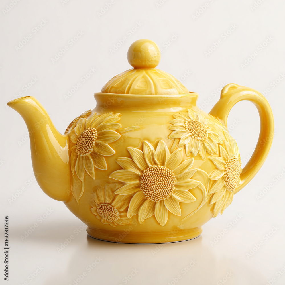 Photorealistic macro shot of a ceramic teapot with carved sunflower motifs Photorealistic macro shot of a ceramic teapot with carved sunflower motifs
